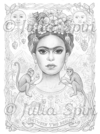Frida Kahlo Inspired Grayscale Coloring Page - Between Two Worlds - grayscale dark coloring page for adults by Julia Spiri