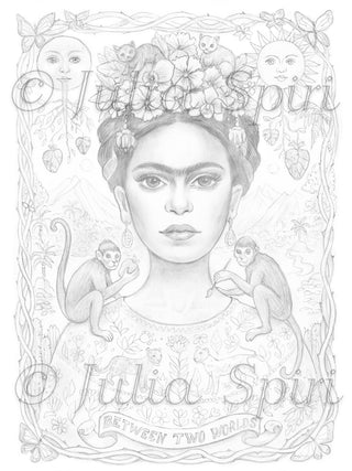 Frida Kahlo Inspired Grayscale Coloring Page - Between Two Worlds - grayscale light coloring page for adults by Julia Spiri