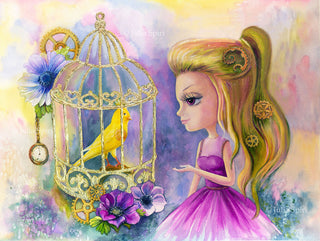Coloriage, Fairytale Steampunk Girl. Oiseau en cage