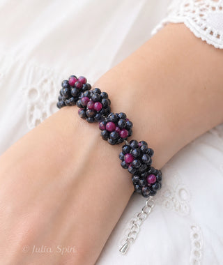 Blackberry bracelet worn on hand, handmade polymer clay fruit jewelry by Julia Spiri