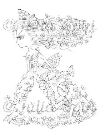 The Butterfly Dress - Printable grayscale coloring page for adults by Julia Spiri, instant download