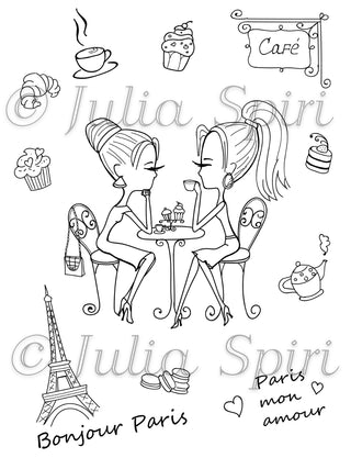 Coloring page, Bonus elements for cut, Parisian Girls. Cafe in Paris - The Art of Julia Spiri