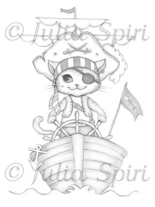 Pirate Coloring Page, Digital stamp, Digi, Girl, Cats, Pirates, Adventure, Sea rover, Ship, Crafting, Fairytale, Whimsy craft. Captain Cat - The Art of Julia Spiri
