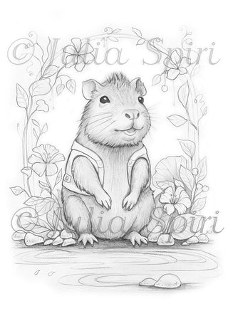 Grayscale Coloring Page, Whimsy Capybara Capy