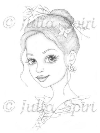 Coloring Page, Girl Portrait, Spring, Butterfly, Fairy, Whimsy, Crafting, Grayscale, Line art. Celeste - The Art of Julia Spiri