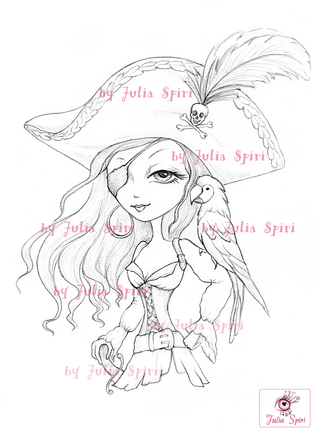 Coloring Page, Pirate Girl with Parrot. Charlotte Pirate