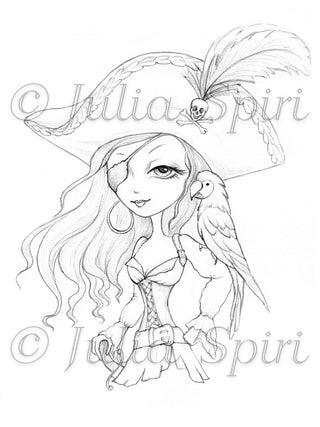 Charlotte Pirate - Printable grayscale coloring page for adults by Julia Spiri, instant download