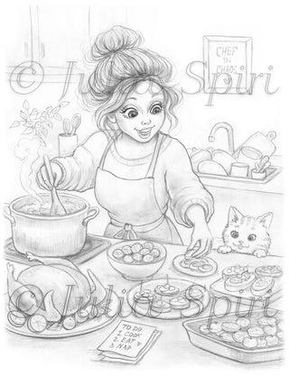 Grayscale Coloring Page. Girl Cooking in the Kitchen. Chef in Chaos