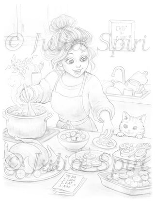 Grayscale Coloring Page. Girl Cooking in the Kitchen. Chef in Chaos