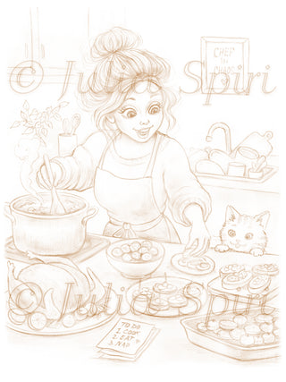 Grayscale Coloring Page. Girl Cooking in the Kitchen. Chef in Chaos