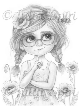 Grayscale Coloring Page. Clara and the Whispering Bee of the Poppy Field
