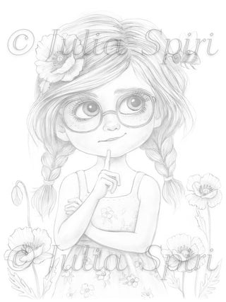 Grayscale Coloring Page. Clara and the Whispering Bee of the Poppy Field. Light version, easy coloring page, poppy meadow, whimsical girl illustration, fantasy coloring