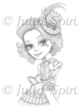 Steampunk Coloring Page, Digital stamp, Digi, Vintage Girl, Gears, Glasses, Mechanic, Metal, Book, Crafting Fantasy Whimsy. Clementine - The Art of Julia Spiri