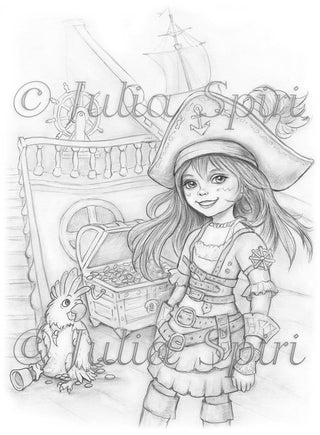 Grayscale Coloring Page, Pirate Girl. Cleo