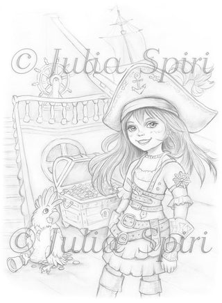 Grayscale Coloring Page, Pirate Girl. Cleo