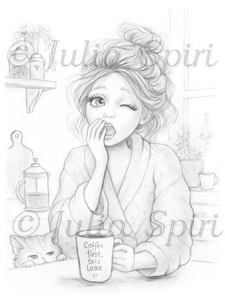 Light grayscale coloring page featuring a whimsical girl with messy bun yawning over a coffee mug with a kitten companion in a cozy kitchen — Julia Spiri printable