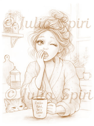 Grayscale Coloring Page. Coffee First, Talk Later