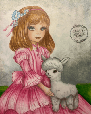 Grayscale Coloring Page. Jenny and her Little Alpaca