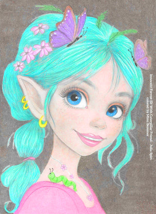 Colored example of Innocent Forest Elf coloring page with caterpillar – adult fantasy art by Julia Spiri