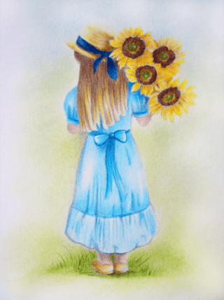 Page de coloriage en niveaux de gris, fille aux tournesols. Ensoleillé