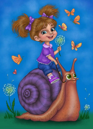 Coloring Page. A Cute Girl Riding a Snail. A Slow Ride to Happiness, Colored image