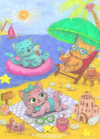 Coloring Page. Cats on the Beach in Summer. Purr-fect Kitten Beach Day. colored