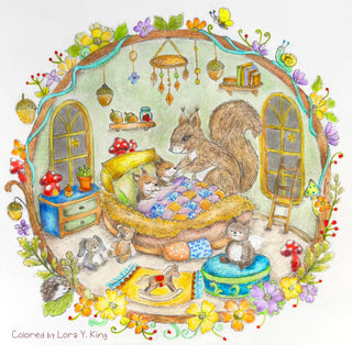 Coloring Page. Cute Squirrel and Her Babies in Their Sweet Home. Woodland Lullaby. colored