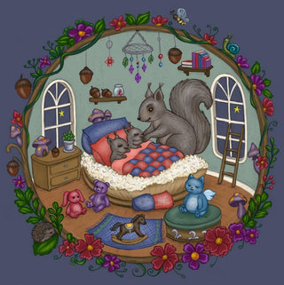 Coloring Page. Cute Squirrel and Her Babies in Their Sweet Home. Woodland Lullaby. colored 2
