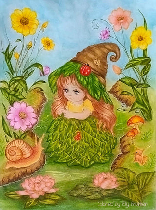 Coloring Page. Little Leafling Girl by the Stream. Where Snails Tell Secrets. colored