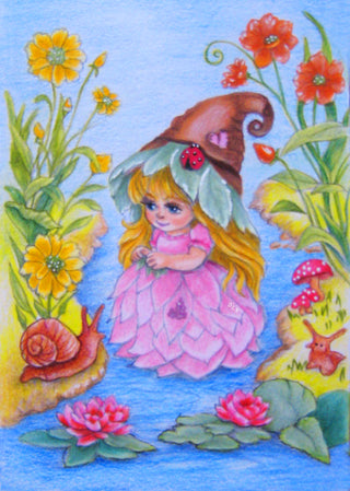 Coloring Page. Little Leafling Girl by the Stream. Where Snails Tell Secrets, colored