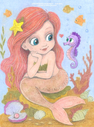 Grayscale Coloring Page. Little Mermaid and Seahorse