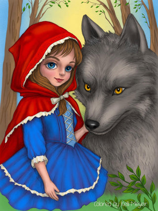 Coloring Page, Fairy Tale. Little Red Riding Hood and The Wolf. colored