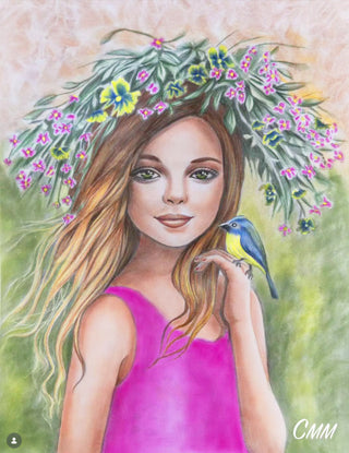 Coloring Page, Girl with Spring Flowers and Bird. Hope. colored