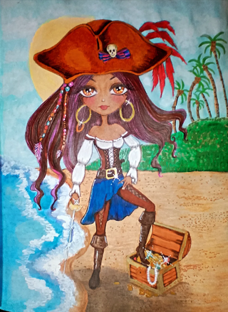 Coloring Page, Pirate Girl with Treasure, Adventure. Georgie Pirate. colored-5