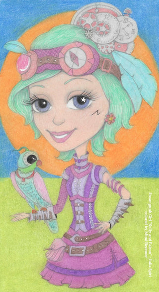 Coloring Page, Steampunk Girl. Kelly and Falcon. colored