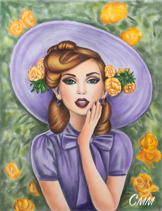 Grayscale Coloring Page, Vintage Girl with Hat. Madeline