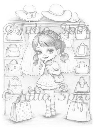 Grayscale Coloring Page, Little Girl and her Closet. Coquette's Dilemma: Picking the Ideal Bag.