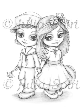 Couple in Love - Printable grayscale coloring page for adults by Julia Spiri, instant download
