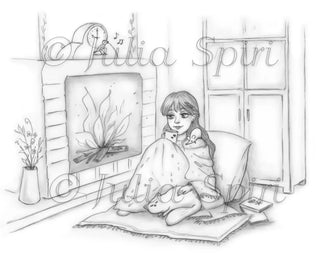 Cozy home - Printable grayscale coloring page for adults by Julia Spiri, instant download