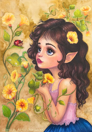 Cute Elf Girl Looking at a Ladybug. Garden Secrets. colored.