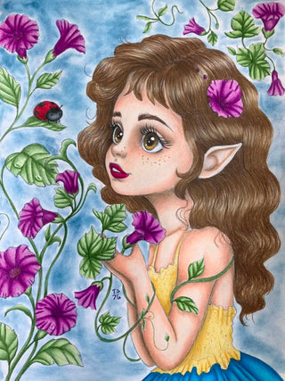 Cute Elf Girl Looking at a Ladybug. Garden Secrets. colored