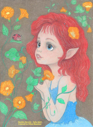 Cute Elf Girl Looking at a Ladybug. Garden Secrets. colored