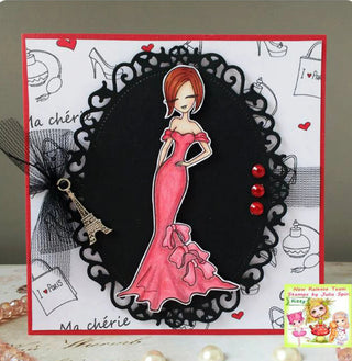 Coloring page + bonus elements for cut. Parisian Girl with Elegant Dress and Accessories. Fashion in Paris