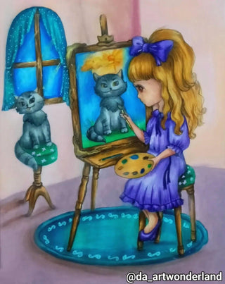 Coloriage, Portrait De Chat Peint Fille. Jeune artiste