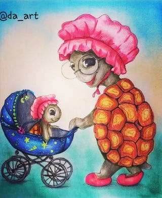 Turtle Grandma with grandchild - Beautiful colored version by Julia Spiri, printable grayscale coloring page