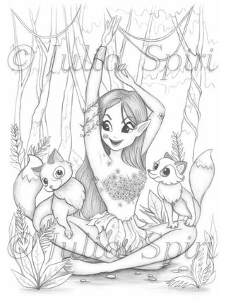 Elf and foxes - Printable grayscale coloring page for adults by Julia Spiri, instant download