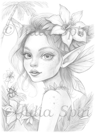 Grayscale Coloring Page. Whimsy Elf with Insect on Tropics. Elf of the Emerald Tropics