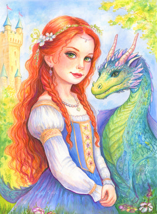 Original Watercolor Painting. Elowen and the Dragons Heart by Julia Spiri