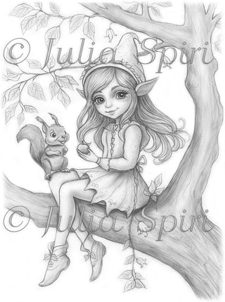 Elven Guardian of the Squirrels - Printable grayscale coloring page for adults by Julia Spiri, instant download