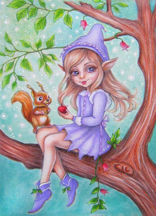 Elven Guardian of the Squirrels - Grayscale coloring page version 4, printable adult coloring art by Julia Spiri